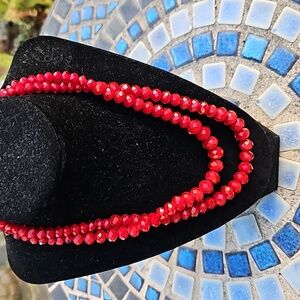 Red Faceted Graduated 2 Stranded Glass Beaded Necklace